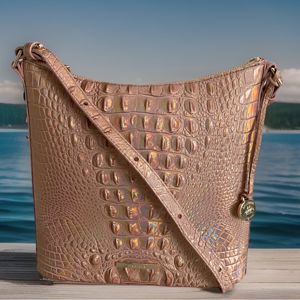 🆕 Brahmin Rose Gold Katie Holographic Pink Crossbody Bag Croc Embossed Leather